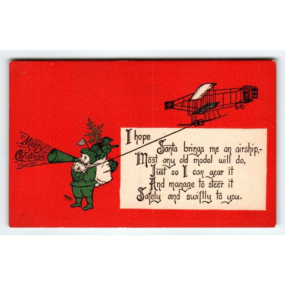 Christmas Postcard G K Prince Green Suit Santa Claus Airplane Megaphone MMS Rare